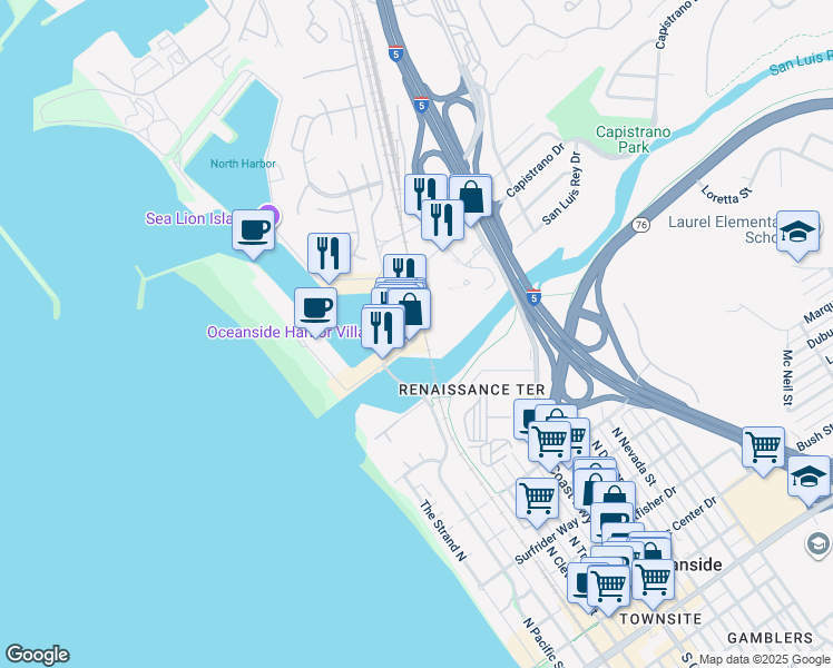 map of restaurants, bars, coffee shops, grocery stores, and more near 315 Harbor Drive in Oceanside