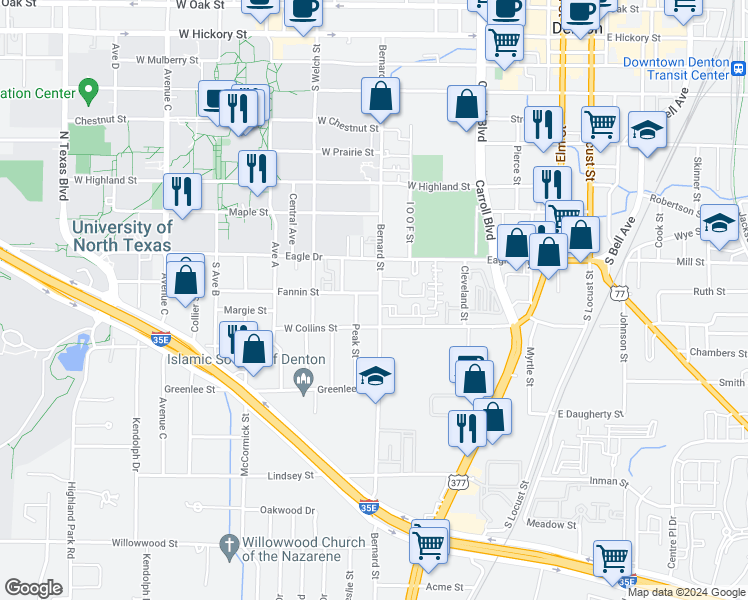 map of restaurants, bars, coffee shops, grocery stores, and more near 954 Bernard Street in Denton
