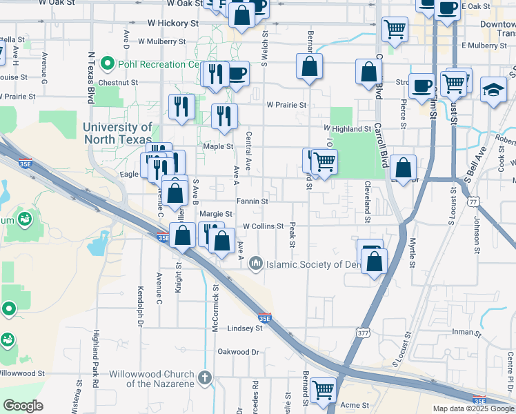 map of restaurants, bars, coffee shops, grocery stores, and more near 930 South Welch Street in Denton