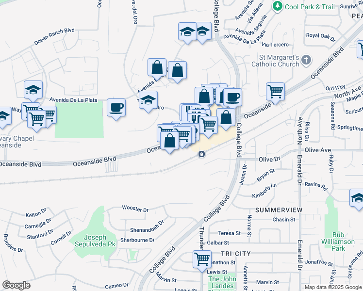 map of restaurants, bars, coffee shops, grocery stores, and more near 4095 Oceanside Boulevard in Oceanside