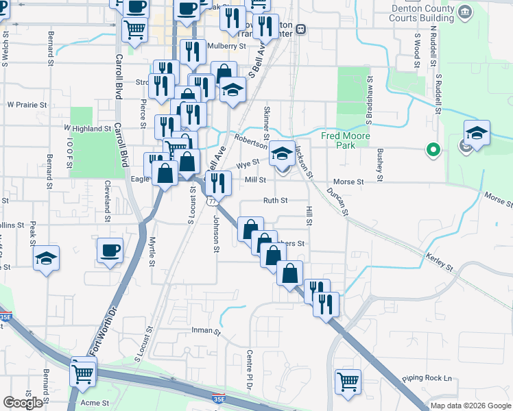 map of restaurants, bars, coffee shops, grocery stores, and more near 411 Ruth Street in Denton