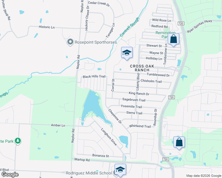 map of restaurants, bars, coffee shops, grocery stores, and more near 708 Corral Street in Cross Roads