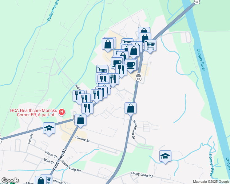 map of restaurants, bars, coffee shops, grocery stores, and more near in Moncks Corner