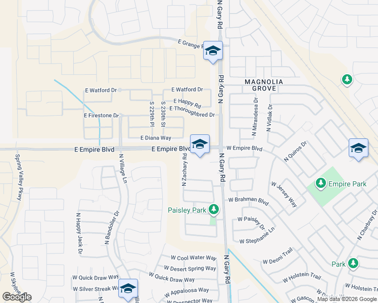 map of restaurants, bars, coffee shops, grocery stores, and more near 35872 North Zachary Road in Queen Creek