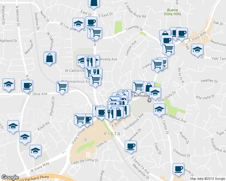 map of restaurants, bars, coffee shops, grocery stores, and more near 316 East Orange Street in Vista