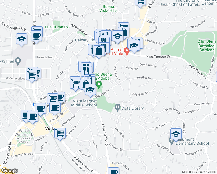 map of restaurants, bars, coffee shops, grocery stores, and more near 720 Alta Vista Drive in Vista