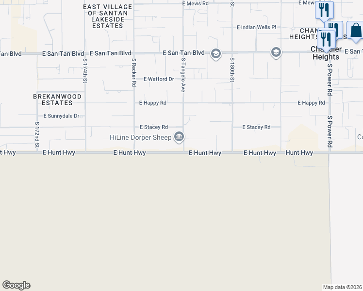 map of restaurants, bars, coffee shops, grocery stores, and more near 26708 S Tangelo Ave in Queen Creek