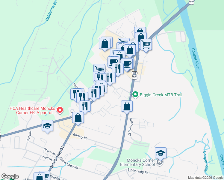 map of restaurants, bars, coffee shops, grocery stores, and more near 2000 Epson Plantation Drive in Moncks Corner