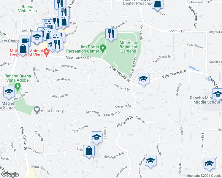 map of restaurants, bars, coffee shops, grocery stores, and more near 137 Bellerive Court in Vista