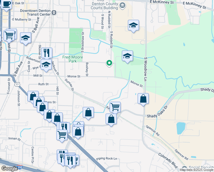 map of restaurants, bars, coffee shops, grocery stores, and more near 1222 Morse Street in Denton