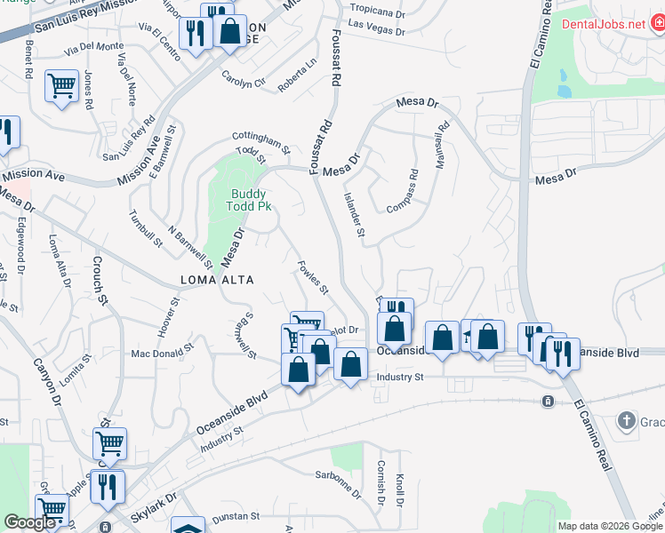 map of restaurants, bars, coffee shops, grocery stores, and more near 305 Foussat Road in Oceanside