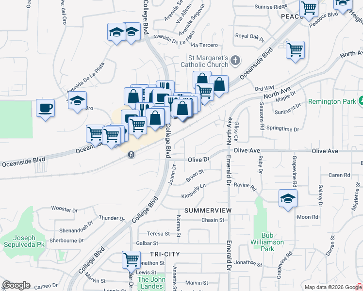 map of restaurants, bars, coffee shops, grocery stores, and more near 4142 Ocaso Way in Oceanside
