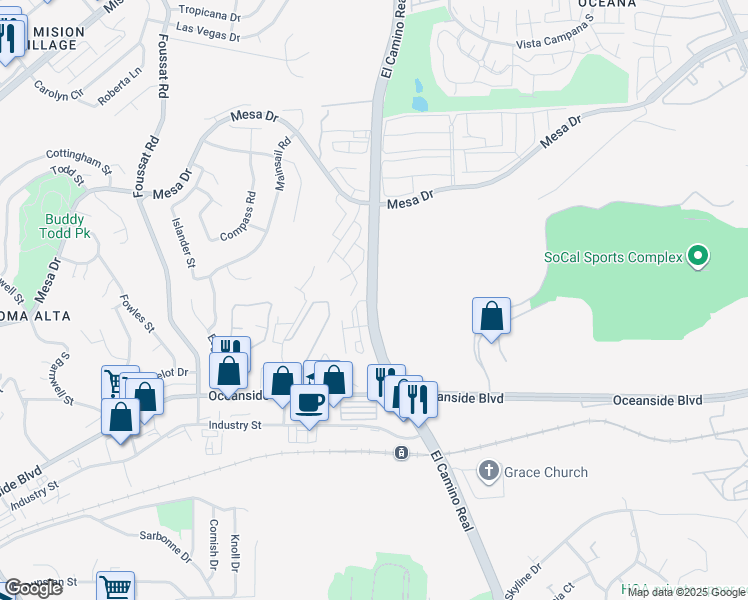 map of restaurants, bars, coffee shops, grocery stores, and more near 800-1100 El Camino Real in Oceanside