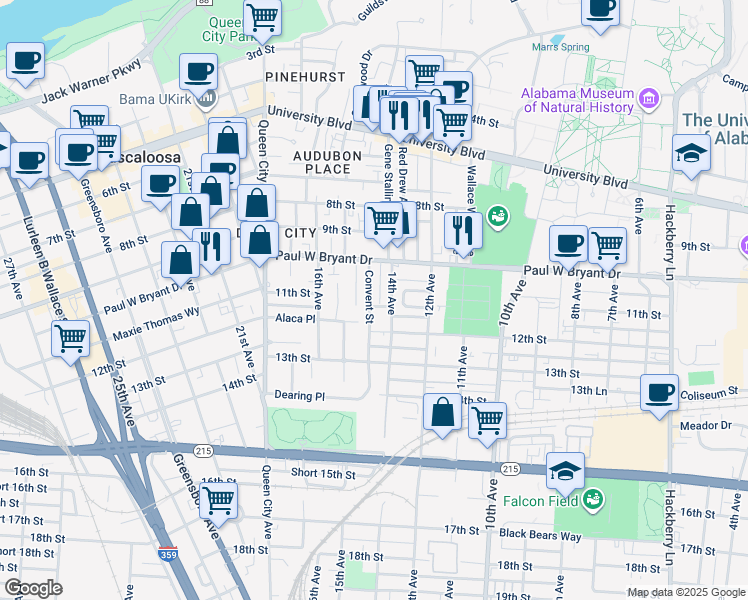 map of restaurants, bars, coffee shops, grocery stores, and more near 1029 Convent Street in Tuscaloosa