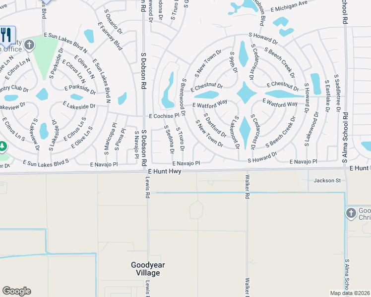 map of restaurants, bars, coffee shops, grocery stores, and more near 26605 South Truro Drive in Sun Lakes