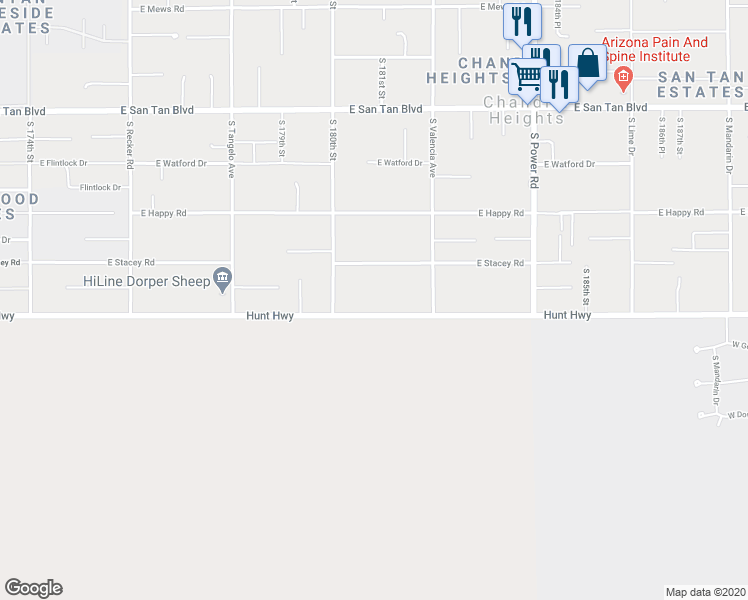 map of restaurants, bars, coffee shops, grocery stores, and more near 18040 East Hunt Highway in Queen Creek