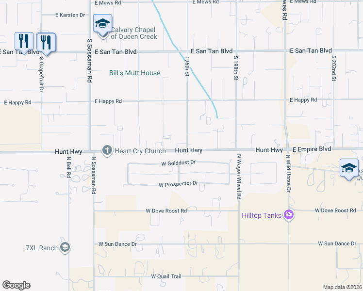 map of restaurants, bars, coffee shops, grocery stores, and more near 26705 South 195th Street in Queen Creek