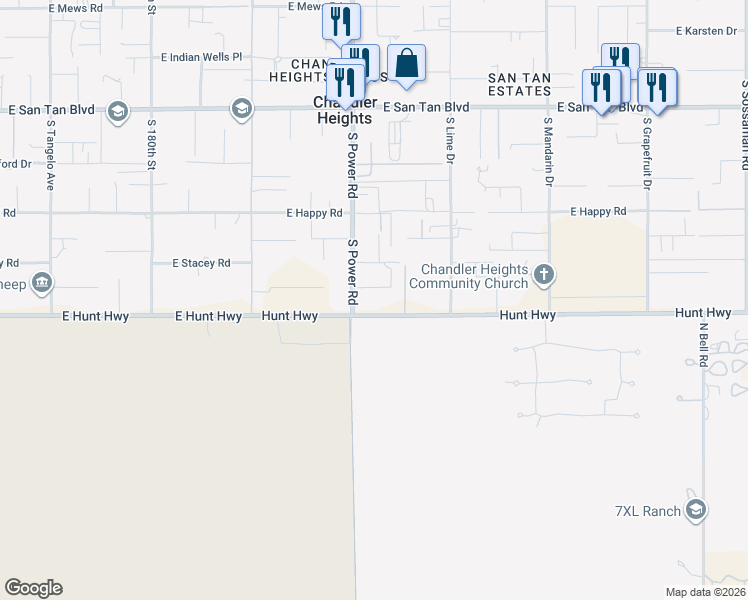 map of restaurants, bars, coffee shops, grocery stores, and more near 18413 East Navajo Drive in Queen Creek