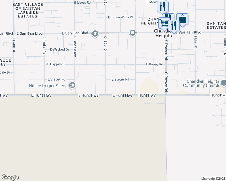 map of restaurants, bars, coffee shops, grocery stores, and more near 18040 Hunt Highway in Queen Creek