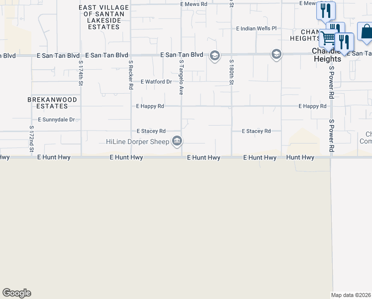 map of restaurants, bars, coffee shops, grocery stores, and more near 26708 South Tangelo Avenue in Queen Creek