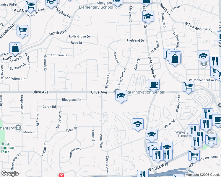 map of restaurants, bars, coffee shops, grocery stores, and more near 727 Highland Drive in Vista