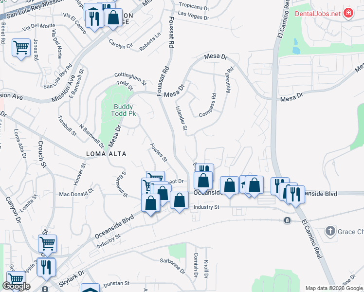 map of restaurants, bars, coffee shops, grocery stores, and more near 237-305 Foussat Road in Oceanside