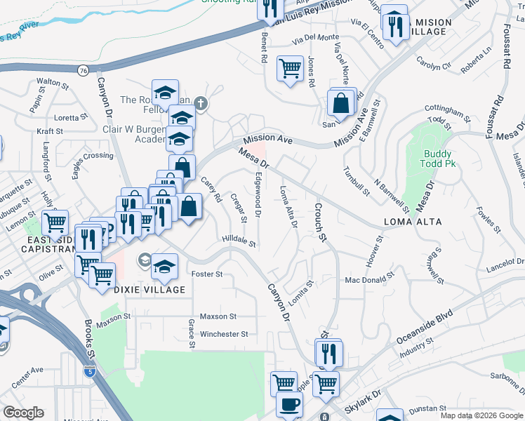 map of restaurants, bars, coffee shops, grocery stores, and more near 2411 Van Roy Way in Oceanside