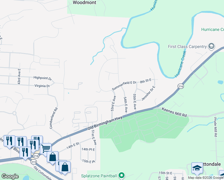 map of restaurants, bars, coffee shops, grocery stores, and more near 5310 Summerfield Drive East in Tuscaloosa