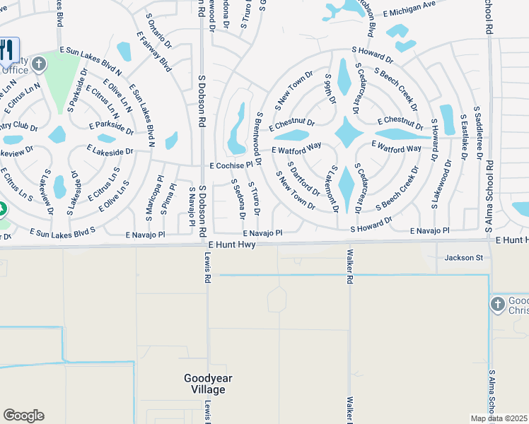map of restaurants, bars, coffee shops, grocery stores, and more near 26605 South Truro Drive in Sun Lakes
