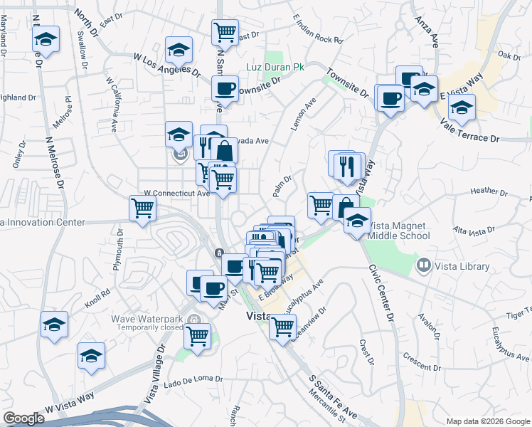 map of restaurants, bars, coffee shops, grocery stores, and more near 333 North Citrus Avenue in Vista