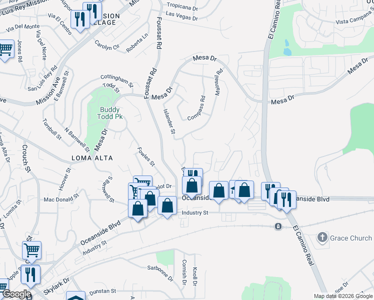 map of restaurants, bars, coffee shops, grocery stores, and more near 297 Bluff Way in Oceanside