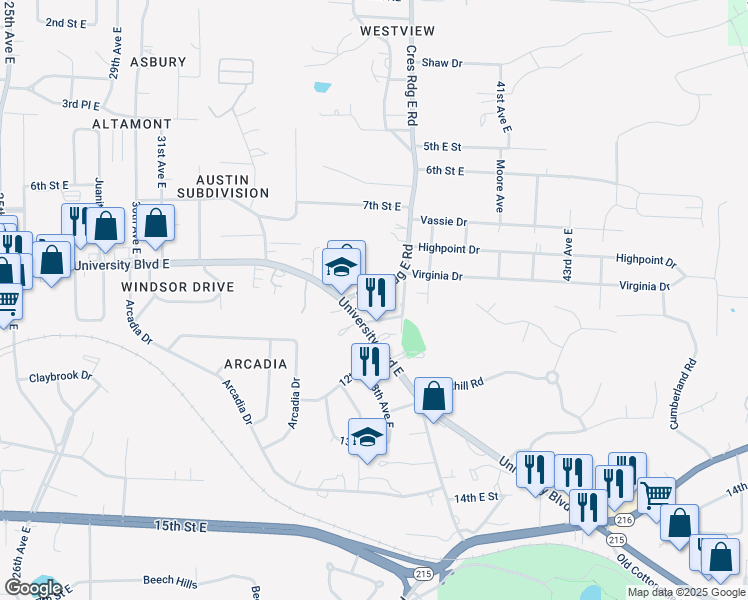 map of restaurants, bars, coffee shops, grocery stores, and more near 928 Crescent Ridge Road East in Tuscaloosa