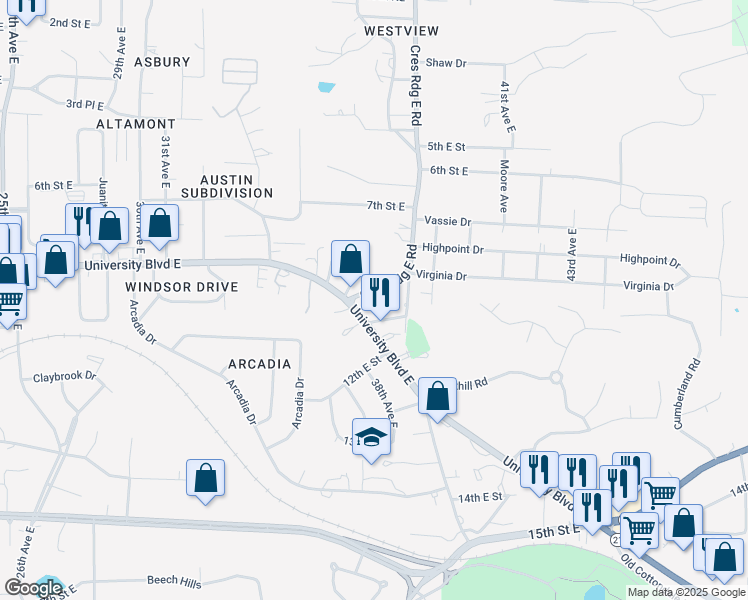 map of restaurants, bars, coffee shops, grocery stores, and more near 928 Crescent Ridge Road East in Tuscaloosa