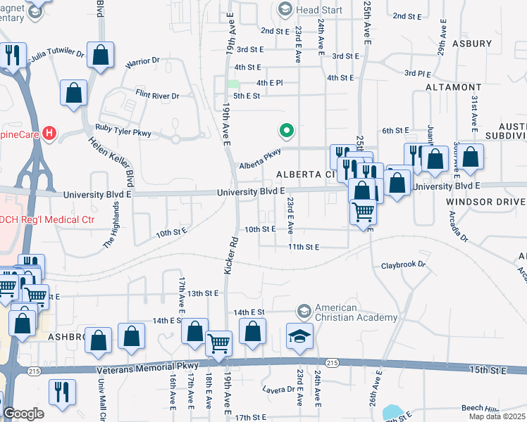 map of restaurants, bars, coffee shops, grocery stores, and more near 916 22nd Avenue East in Tuscaloosa