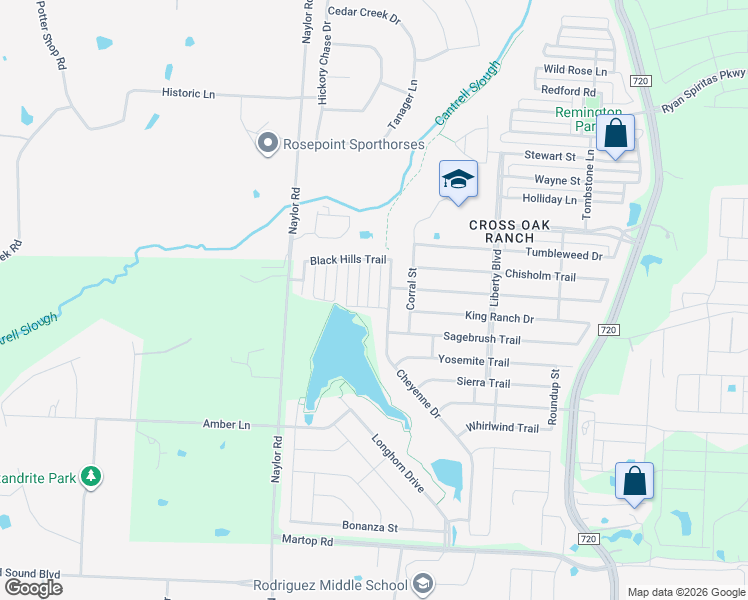 map of restaurants, bars, coffee shops, grocery stores, and more near 609 Pawnee Street in Aubrey