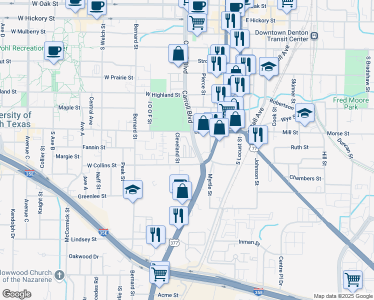 map of restaurants, bars, coffee shops, grocery stores, and more near 905 Cleveland Street in Denton
