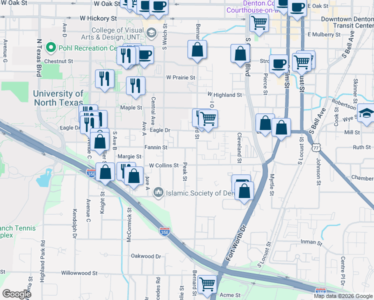 map of restaurants, bars, coffee shops, grocery stores, and more near 932 Fannin Street in Denton