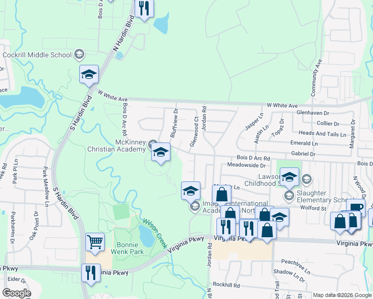 map of restaurants, bars, coffee shops, grocery stores, and more near 705 Glenwood Court in McKinney