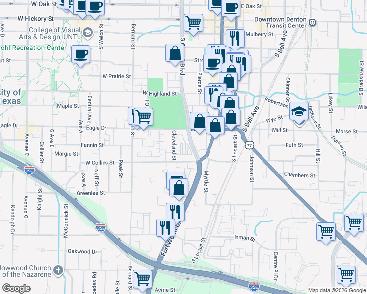 map of restaurants, bars, coffee shops, grocery stores, and more near 905 Cleveland Street in Denton