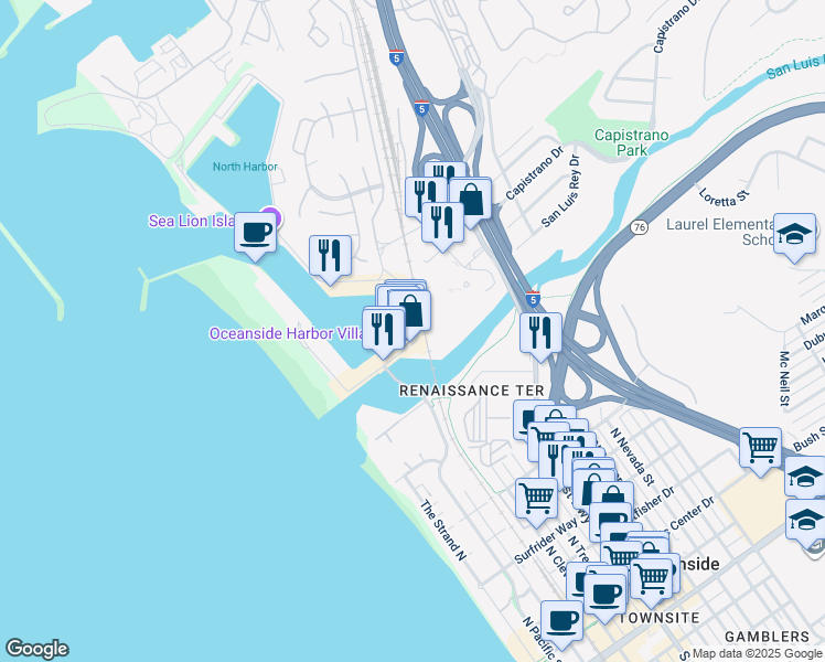 map of restaurants, bars, coffee shops, grocery stores, and more near 315 Harbor Drive in Oceanside