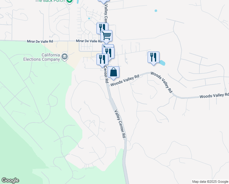 map of restaurants, bars, coffee shops, grocery stores, and more near 27251 Valley Center Road in Valley Center