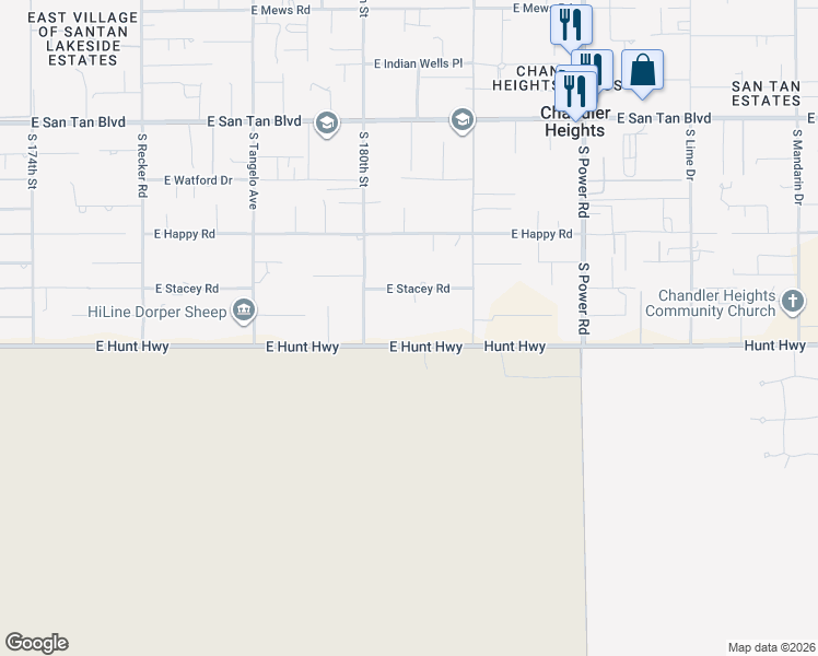 map of restaurants, bars, coffee shops, grocery stores, and more near 18040 East Hunt Highway in Queen Creek