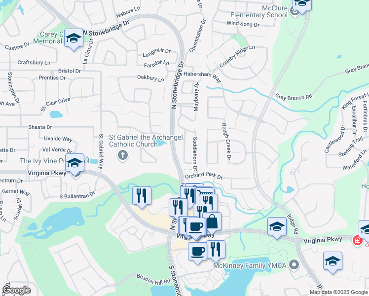 map of restaurants, bars, coffee shops, grocery stores, and more near Maple Leaf Lane in McKinney