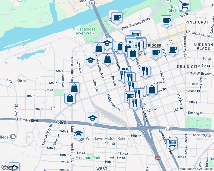 map of restaurants, bars, coffee shops, grocery stores, and more near 2725 8th Street in Tuscaloosa