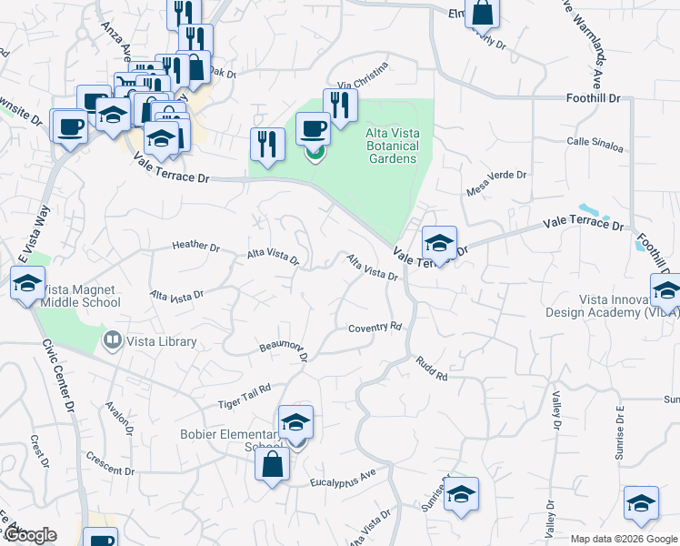map of restaurants, bars, coffee shops, grocery stores, and more near 137 Bellerive Court in Vista