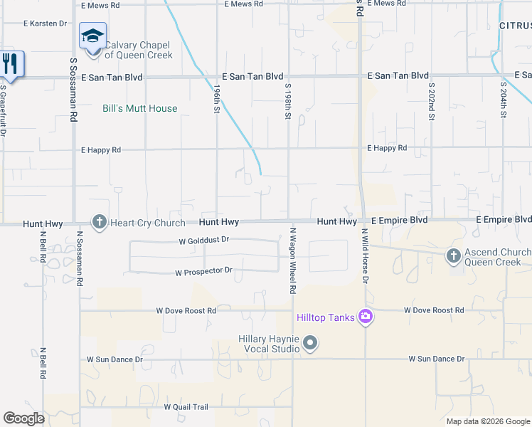 map of restaurants, bars, coffee shops, grocery stores, and more near 26711 South 197th Place in Queen Creek
