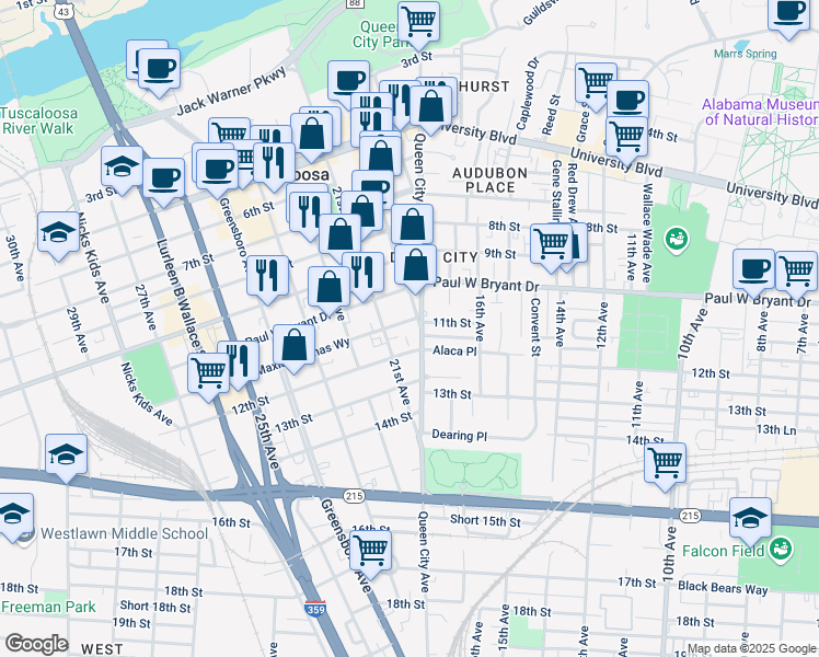 map of restaurants, bars, coffee shops, grocery stores, and more near 2007 11th Street in Tuscaloosa