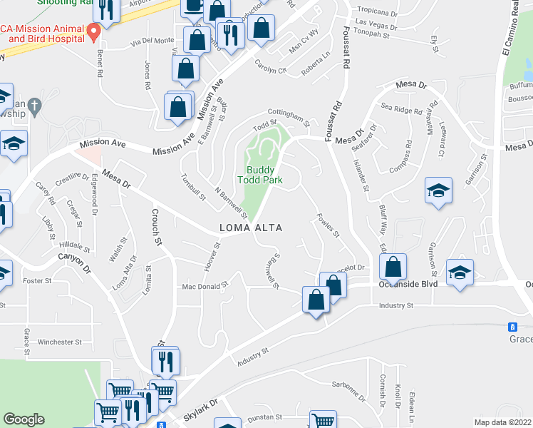 map of restaurants, bars, coffee shops, grocery stores, and more near 2931 Mesa Drive in Oceanside