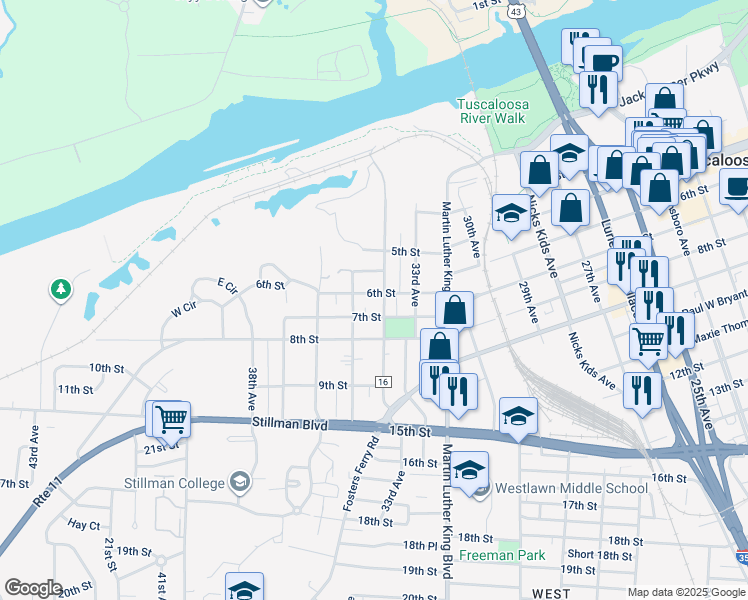 map of restaurants, bars, coffee shops, grocery stores, and more near 3409 6th Street in Tuscaloosa