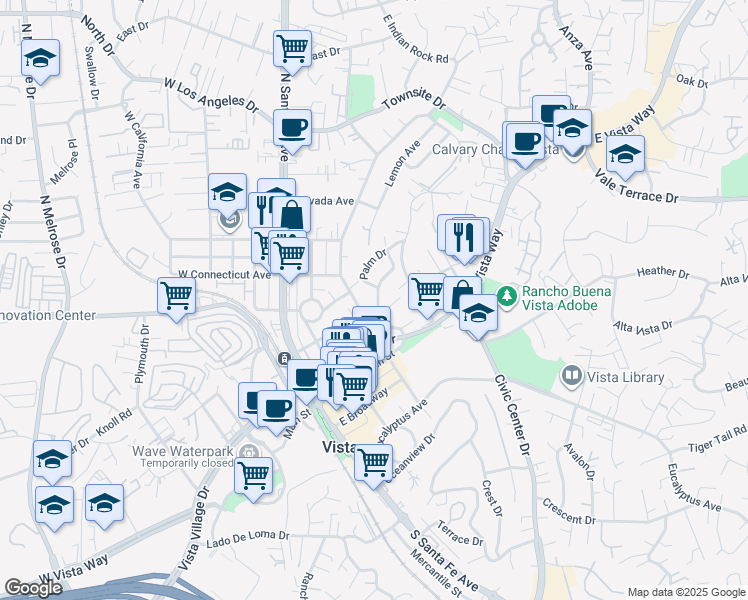 map of restaurants, bars, coffee shops, grocery stores, and more near 333 North Citrus Avenue in Vista